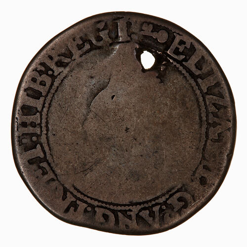Coin, round, Within an inner bead circle, crowned bust of the Queen, wearing ruff and decorated dress.