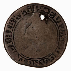 Coin, round, Within an inner bead circle, crowned bust of the Queen, wearing ruff and decorated dress.