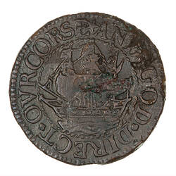 Pattern Coin, round, at centre within a rope circle a three-masted ship sailing to left; text around.