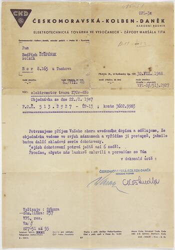 Memorandum - Ceskomoravska-Kolben-Danek Electronics Factory, 30/7/1948