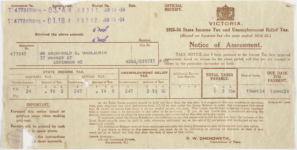 Taxation Assessment Notice - AG Maclaurin, 1933-1934
