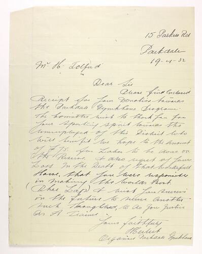 Letter - Parkdale Gymkhana to Telford, Phar Lap's Death, 19 Apr 1932