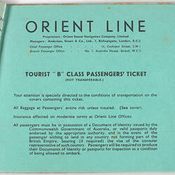 Passenger Ticket - RMS Ormonde, Orient Line, Tourist 'B' Class, 1948