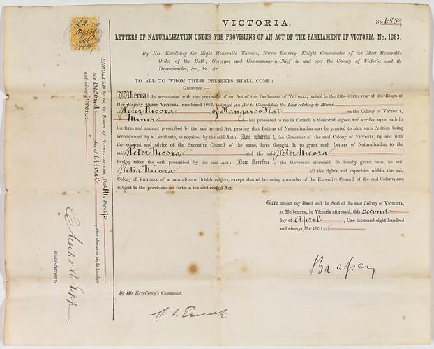 Naturalization Certificate - Issued to Peter Nicora, Miner of Kangaroo Flat, Government of Victoria, 2 Apr 1897