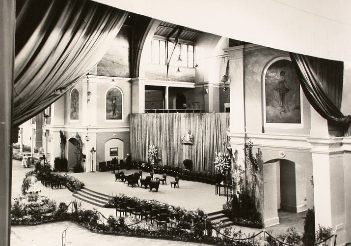 Photograph - Official Dais in the Great Hall during the Royal Visit, Exhibition Building, Melbourne, 27 Feb 1958