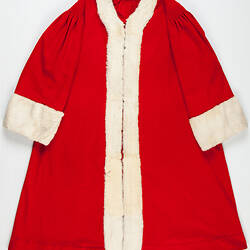 Red coat with white fur trim.