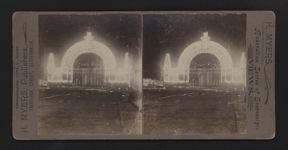 Stereograph - Federation Celebrations, Illuminated Fountain Arch, by G.H. Myers, Melbourne, Victoria, 1901