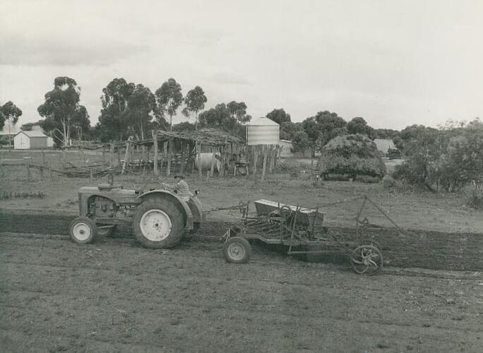 Man driving a  tractor coupled to a Sunderseeder in front of a dilapidated shed.