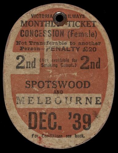 Train Ticket - Spotswood & Melbourne, Victorian Railways, Dec 1939