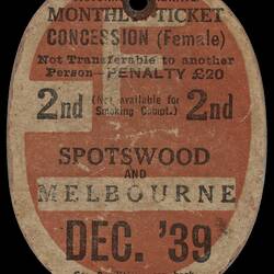 Train Ticket - Spotswood & Melbourne, Victorian Railways, Dec 1939