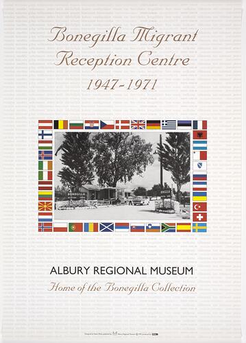 Poster for Bonegilla reception centre. Has image with text above and below. Flags around image.