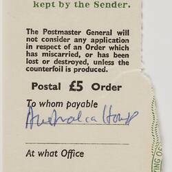 Counterfoil - Postal Order, pay Australia House 5 pounds, 17 Jun 1961