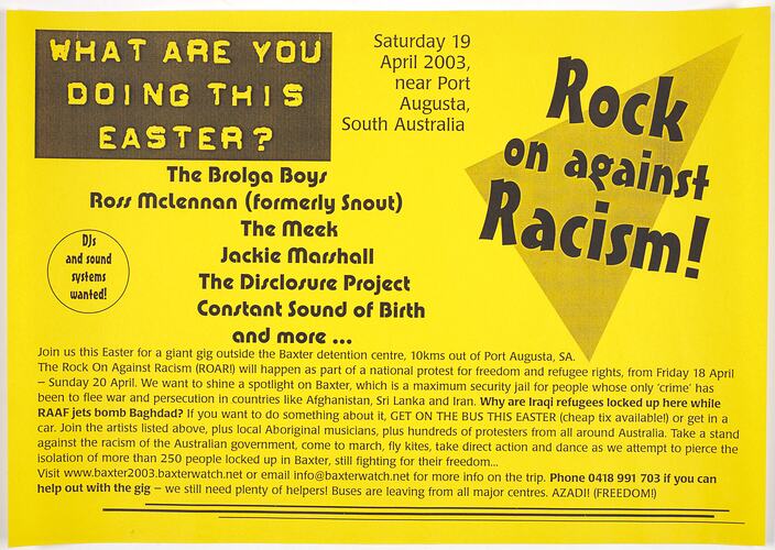 Poster - Rock on Against Racism!, Refugee Action Collective, 2003