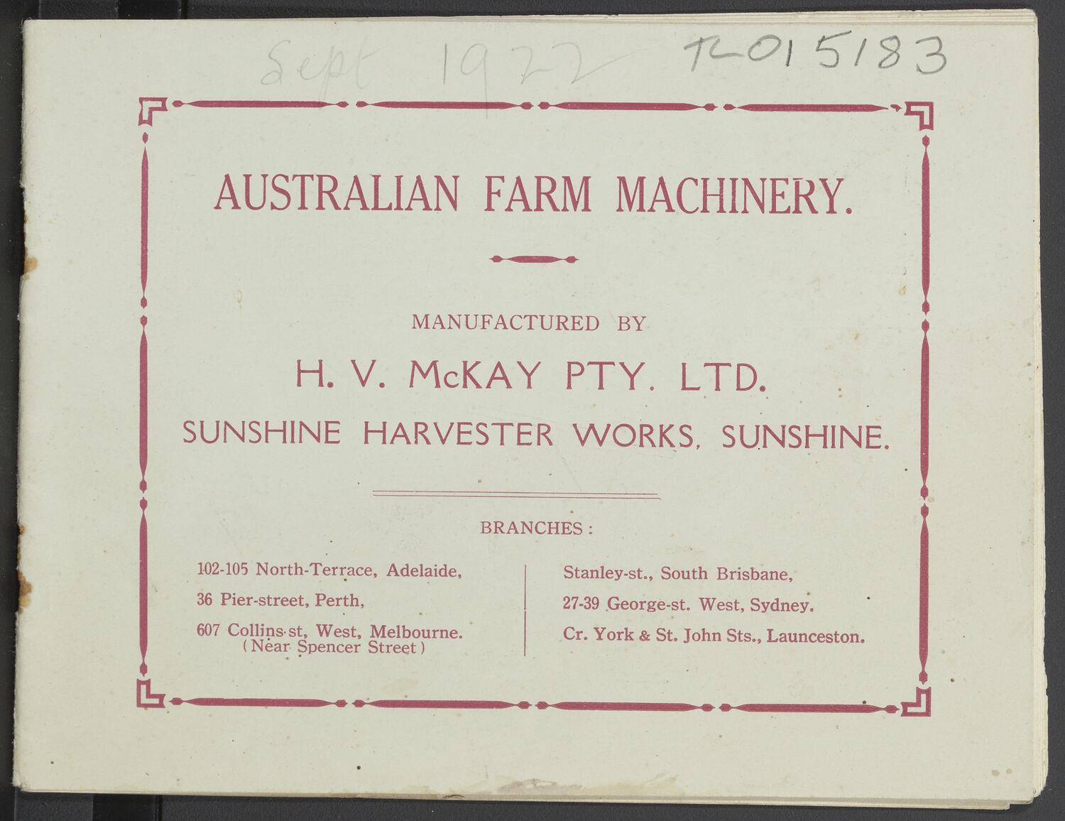 Catalogue H.V. McKay, 'Australian Farm Machinery', Sunshine, Victoria