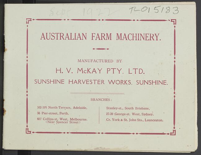 Catalogue - H.V. McKay, Sunshine, Australian Farm Machinery, 1922