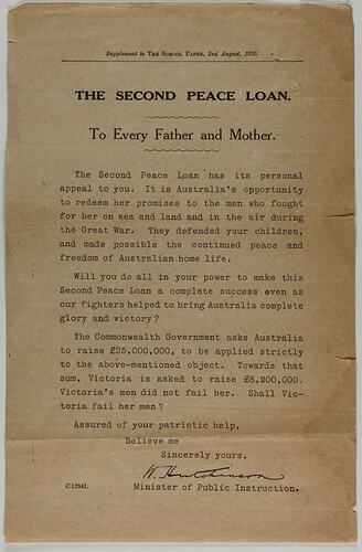 Notice - Minister of Public Instruction, to Every Father & Mother, 'The Second Peace Loan', Victoria, 2 Aug 1920