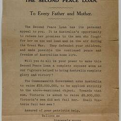Notice - Minister of Public Instruction, to Every Father & Mother, 'The Second Peace Loan', Victoria, 2 Aug 1920