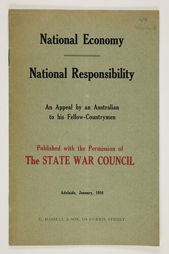 Booklet - 'National Economy, National Responsibility', R. J. Hawkes, Jan 1916