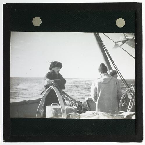 Lantern Slide - Explorers on the Deck of Discovery II, Ellsworth Relief Expedition, Antarctica, 1935-1936