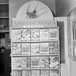 Negative - Swallow & Ariell Ltd, Packaged Biscuits on a Display Stand, Port Melbourne, Victoria, 1953