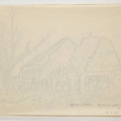 Open book page, with tracing paper above faint outlines of drawing of a house structure and tree below.