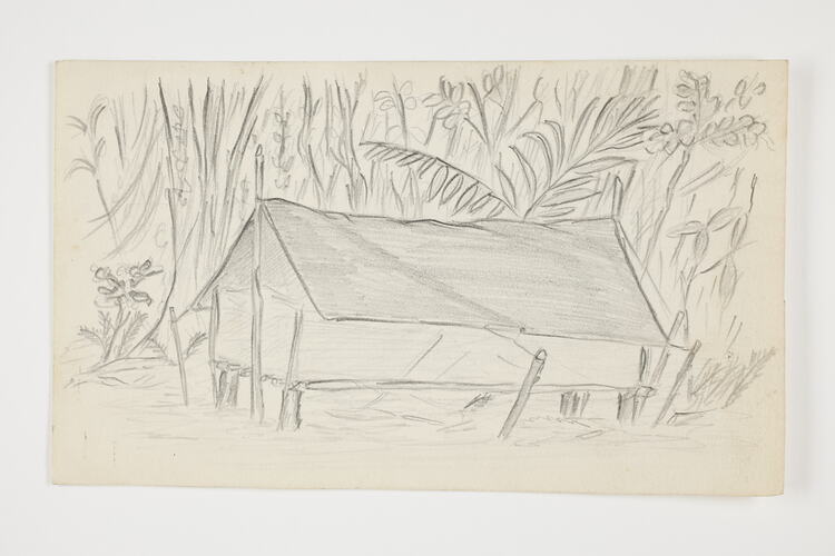 Drawing of a hut surrounded by forest on off-white paper.