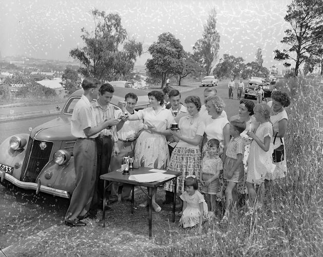Negative - Crowd Gathered at Car Trial, Kew, Victoria, 1958