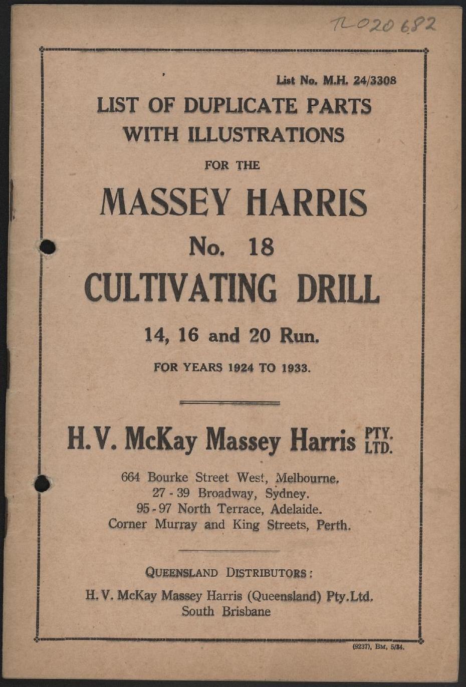 Parts List - H.V. McKay Massey Harris, 'No. 18 Cultivating Drill', 1934