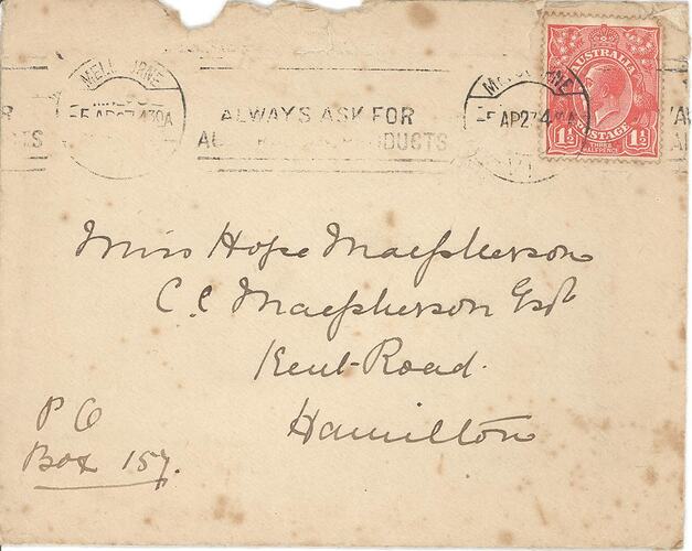 Envelope - Containing Poems About Bungeeltap Posted to Hope Macpherson, Melbourne, 1927