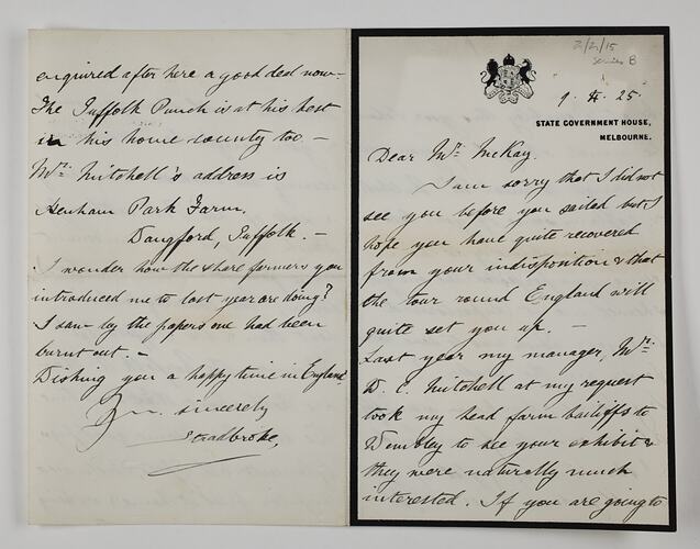 Letter - Stradbroke, to H. V. McKay, Visit to England, 1 Apr 1925