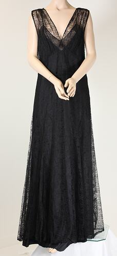 Front view, black, lace, floor length, floral dress.