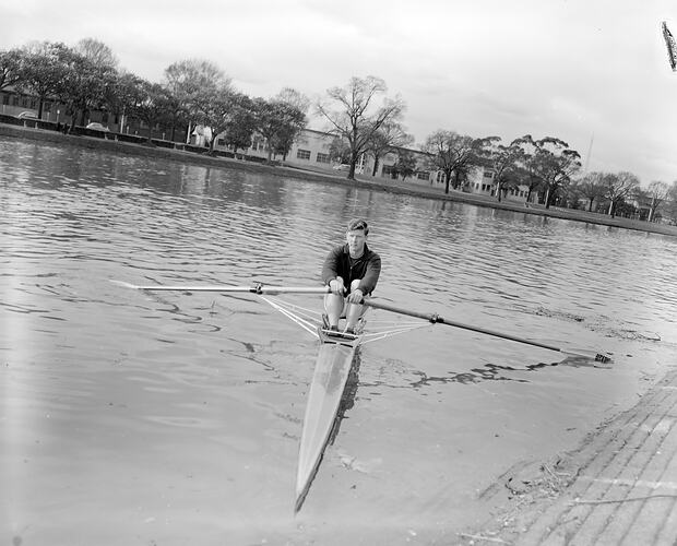 Rower in Row Boat, Melbourne, Victoria, Jul 1958