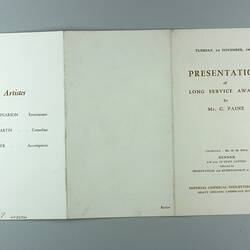 Programme - 'Presentation of Long Service Awards', ICI, Billingham, England, 1 Nov 1960