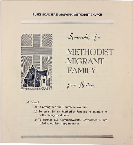 Leaflet - 'Sponsorship of A Methodist Migrant Family From Britain', East Malvern, circa 1959