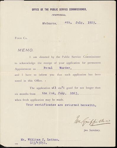 Letter - Receipt of Application, William J Latham, 4 Jul 1923