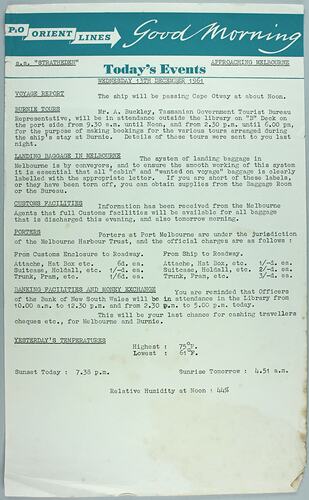 Information Sheet - P&O SS Stratheden, 'Today's Events', Approaching Melbourne, 13 Dec 1961