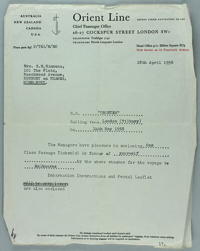 Letter - S.M. Simmons from Orient Line Regarding Passage Ticket, 28 April 1958
