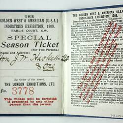 Season Ticket - The Golden West & American (U.S.A) Industries Exhibition, Earl's Court, London, 1909