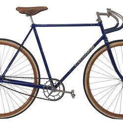 Blue metal bicycle with white decorative motifs and black and white inscriptions. Leather seat, wooden rims.