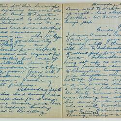 Open book, 2 cream pages dated Thursday 25th. Cursive handwritten text in blue ink. Page 42 and 43.