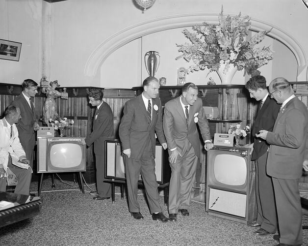 Australian Electronic Industries Ltd., Men Looking at a Television Display, Victoria, 14 Apr 1959