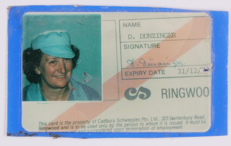 Identity Card - Cadbury-Schweppes, Dorothea Dunzinger, Ringwood, circa 1980s