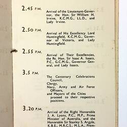 Program - 'Opening Ceremony', Victorian & Melbourne Centenary Celebrations, Parliament House, Melbourne, 18 Oct 1934