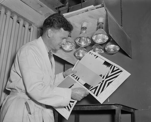 Glazebrooks Paints Australia, Man with Paint Samples, Victoria, 17 Aug 1959