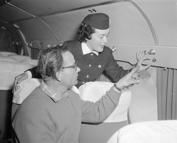 Southdown Press, Trans-Australia Airlines Passenger & Stewardess, Essendon Airport, Victoria, 24 Sep 1959