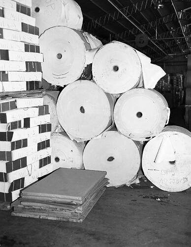Monochrome photograph of a printing factory.