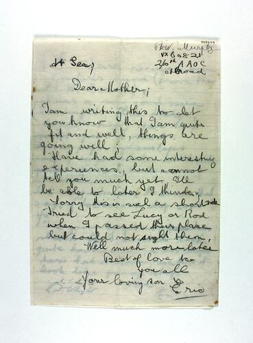 Hand-written page of letter on stained, lined paper