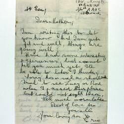 Hand-written page of letter on stained, lined paper
