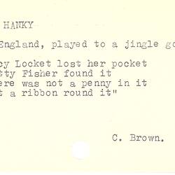 Game Index Card - Christine Brown, Compiled by Dorothy Howard, Description of Circle Game 'Drop the Hanky', Oct 1954