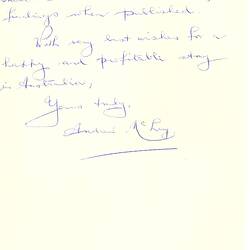Handwritten letter in  blue ink on paper